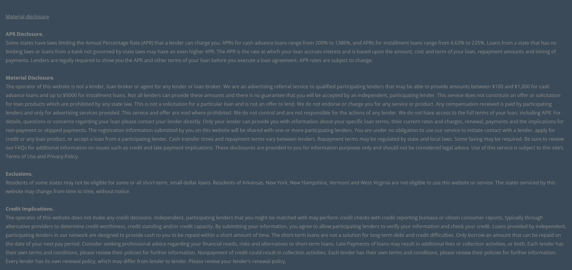 Material disclosure for payday loans in Wichita Kansas